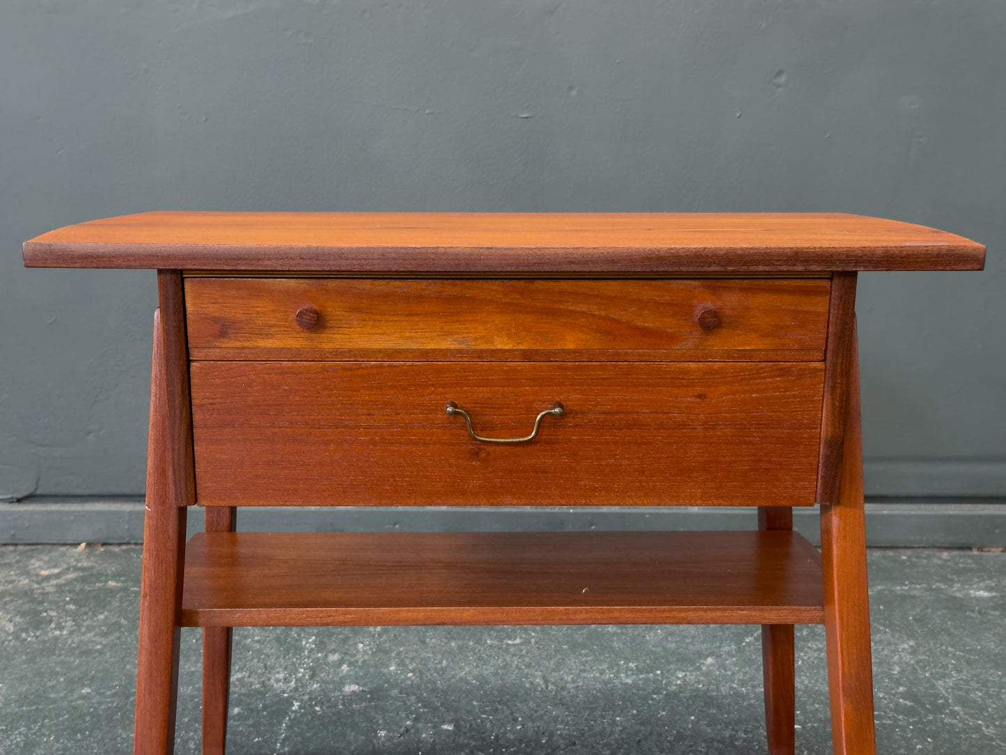 Teak Bedside Table with Two Drawers and Assorted Handles