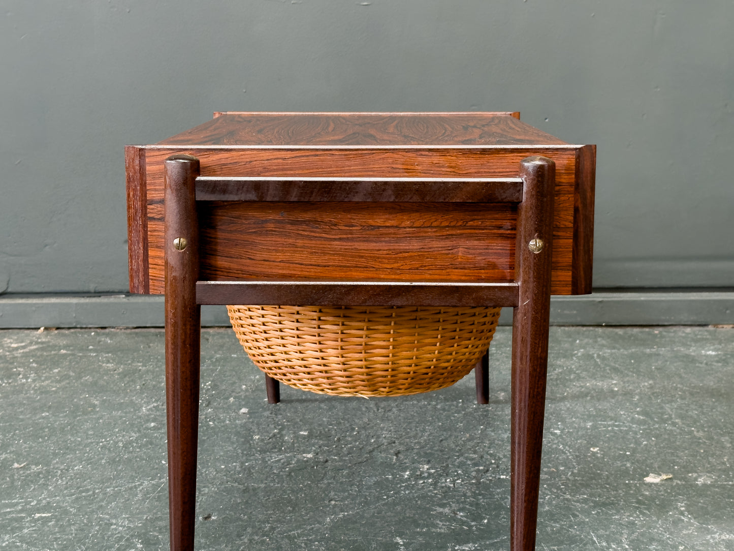 Rosewood Sewing Table with Drawer and Wicker Basket