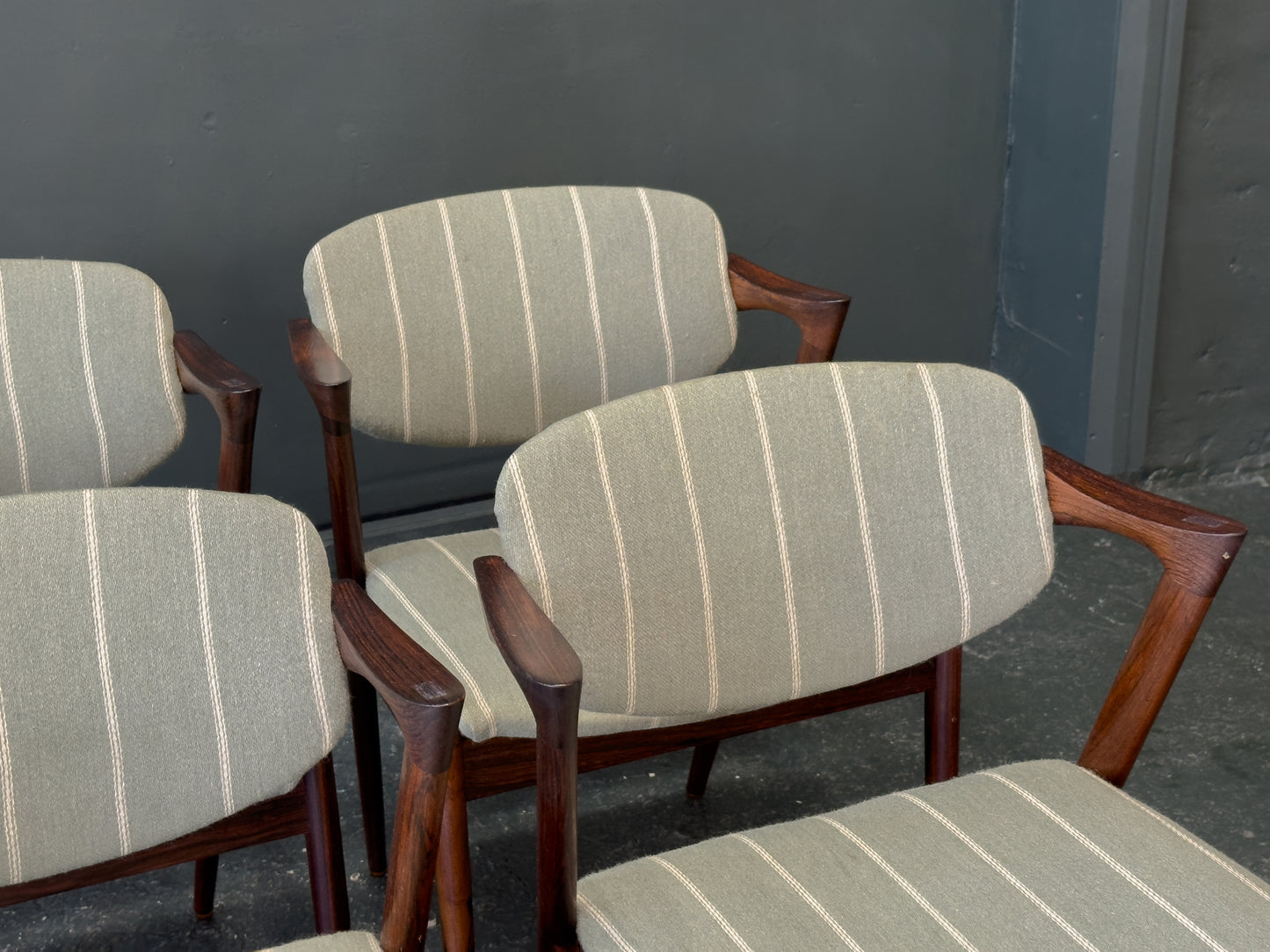 Set of 6 Green Striped and Rosewood Kai Kristiansen Model 42 Dining Chairs
