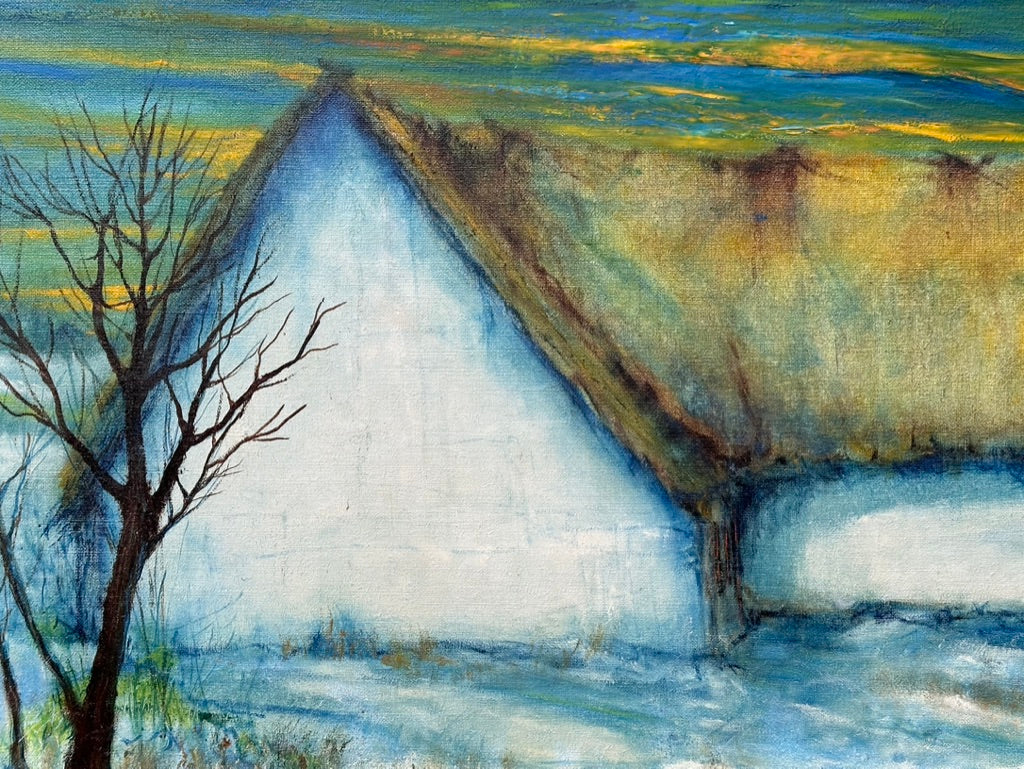 Oil painting of White Cottage in the Snow