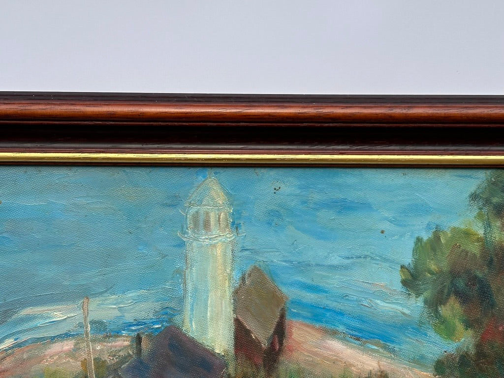 Oil Painting of Houses and Lighthouse