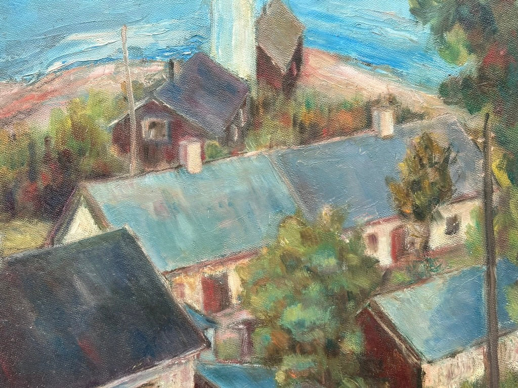 Oil Painting of Houses and Lighthouse