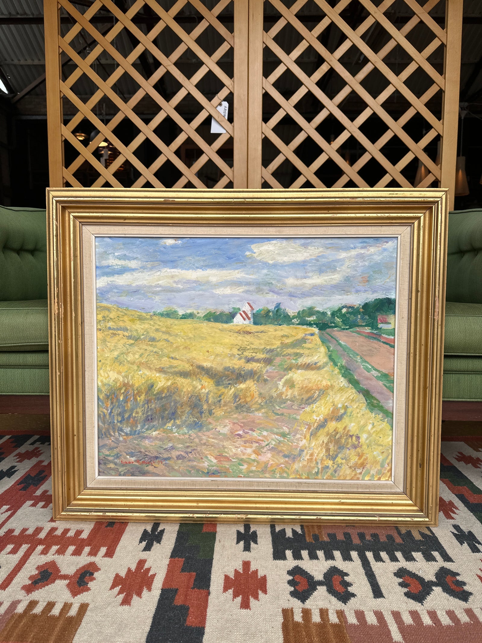 Oil Painting of Houses in Golden Field