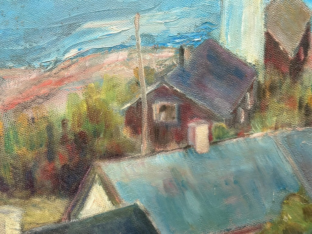 Oil Painting of Houses and Lighthouse