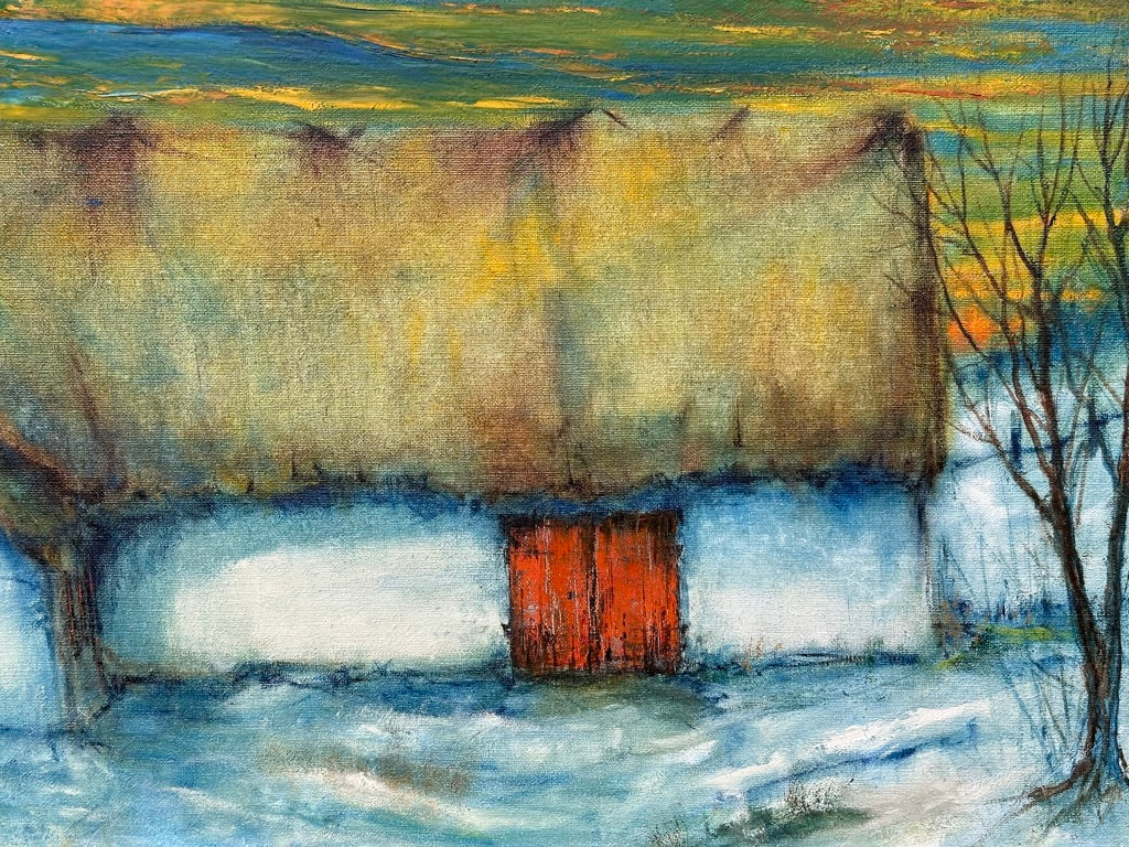 Oil painting of White Cottage in the Snow