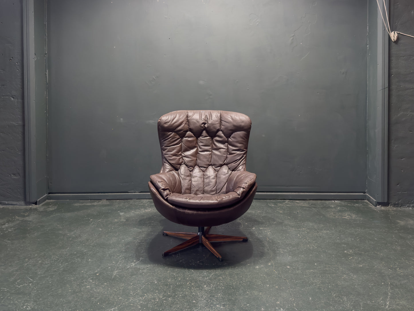 Henry Walter Klein Brown Leather and Rosewood Swivel Chair
