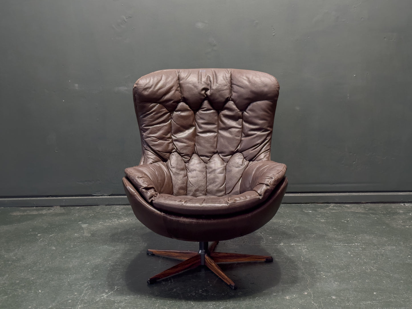 Henry Walter Klein Brown Leather and Rosewood Swivel Chair