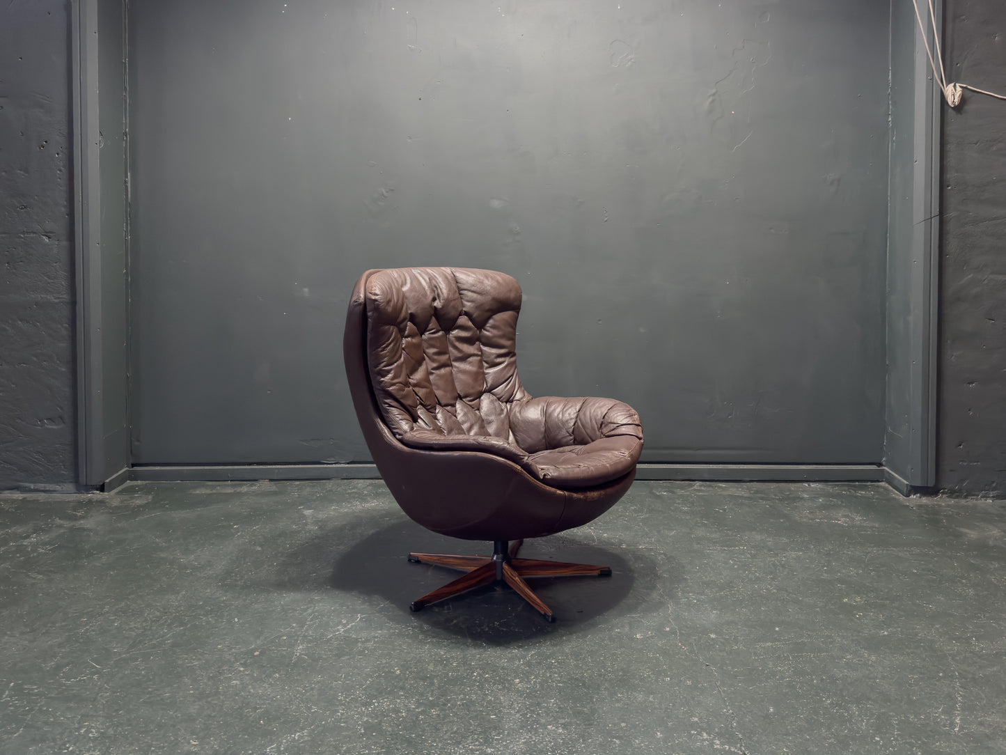 Henry Walter Klein Brown Leather and Rosewood Swivel Chair