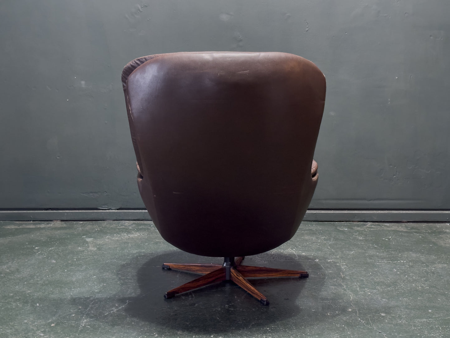 Henry Walter Klein Brown Leather and Rosewood Swivel Chair