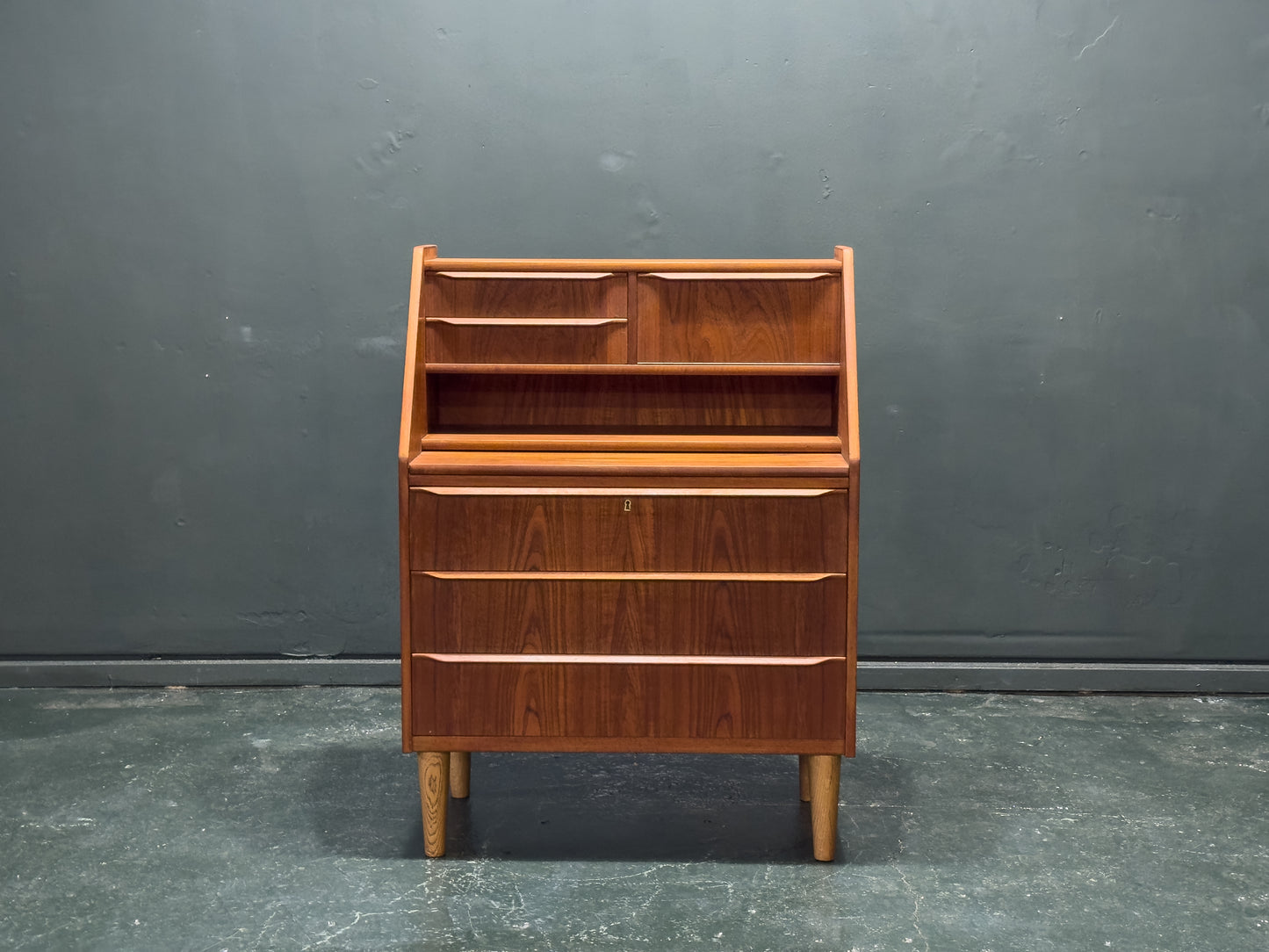 Teak Bureau with Drawers and Extending Desk