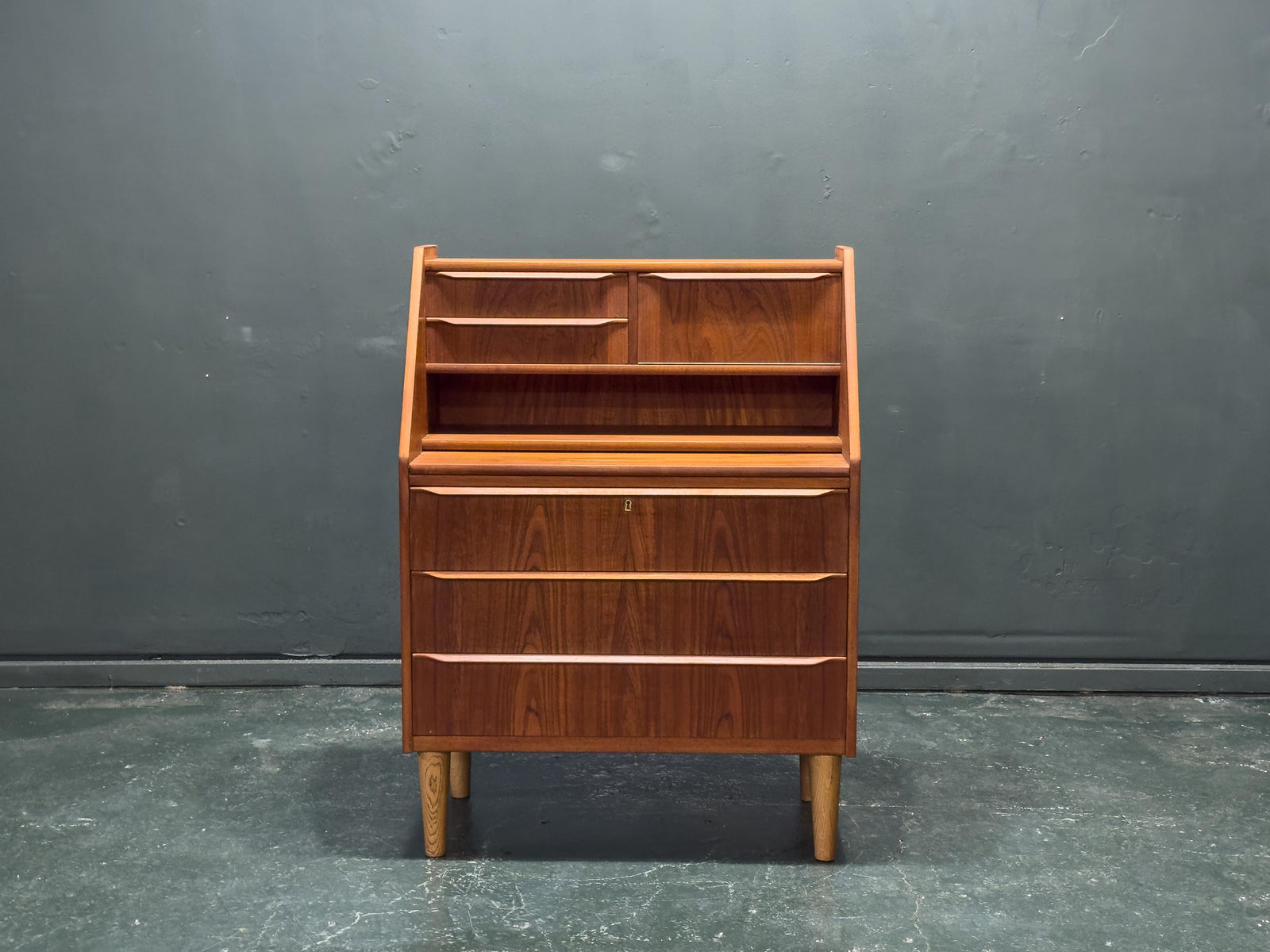 Teak Bureau with Drawers and Extending Desk