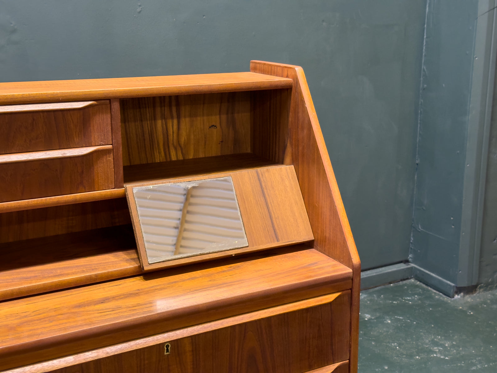 Teak Bureau with Drawers and Extending Desk