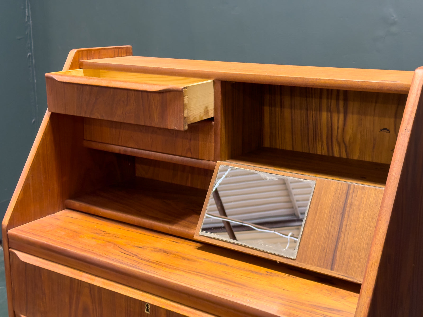 Teak Bureau with Drawers and Extending Desk
