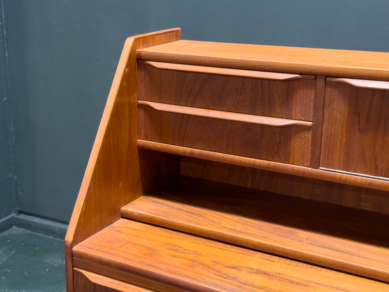 Teak Bureau with Drawers and Extending Desk