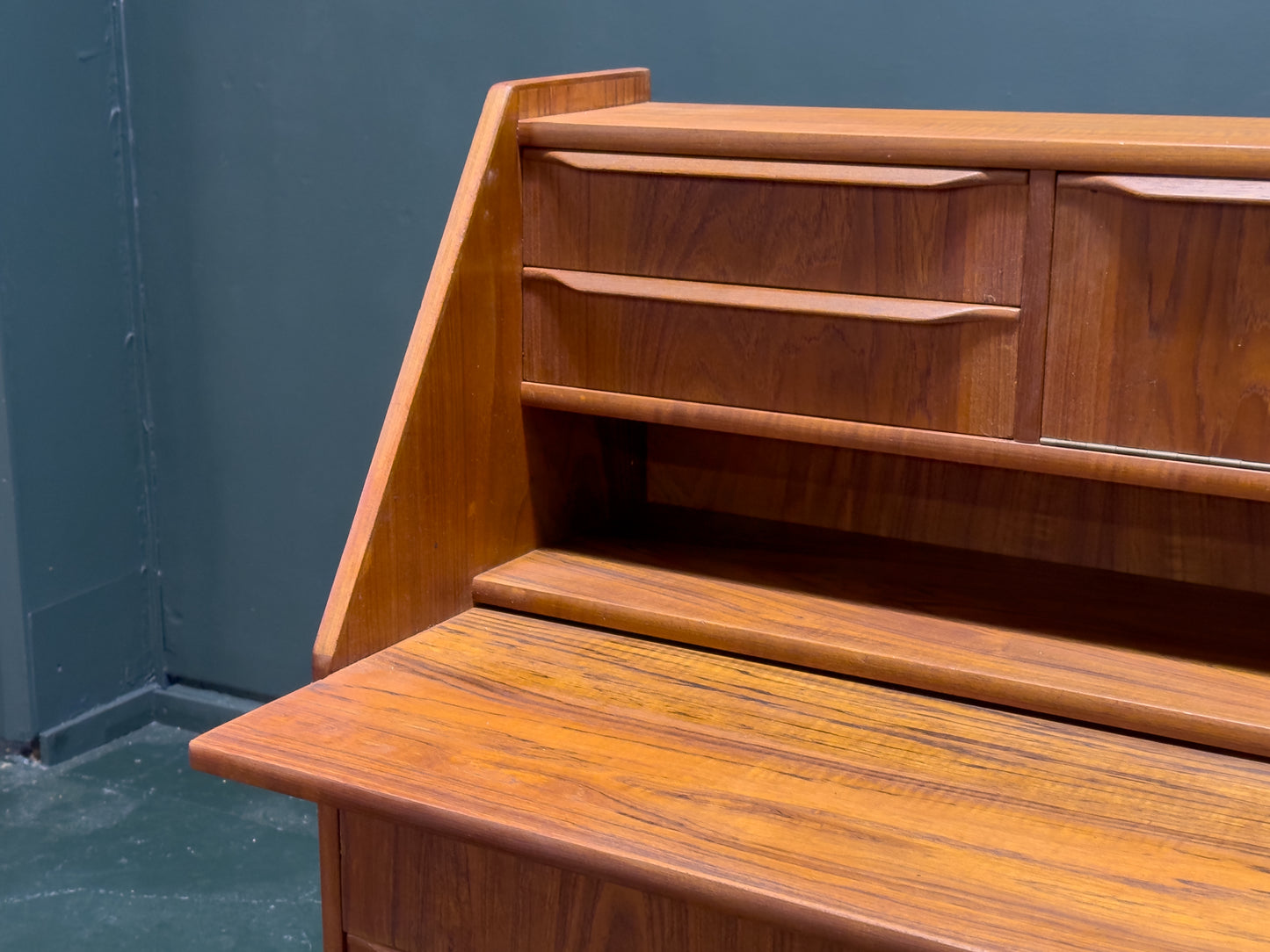 Teak Bureau with Drawers and Extending Desk