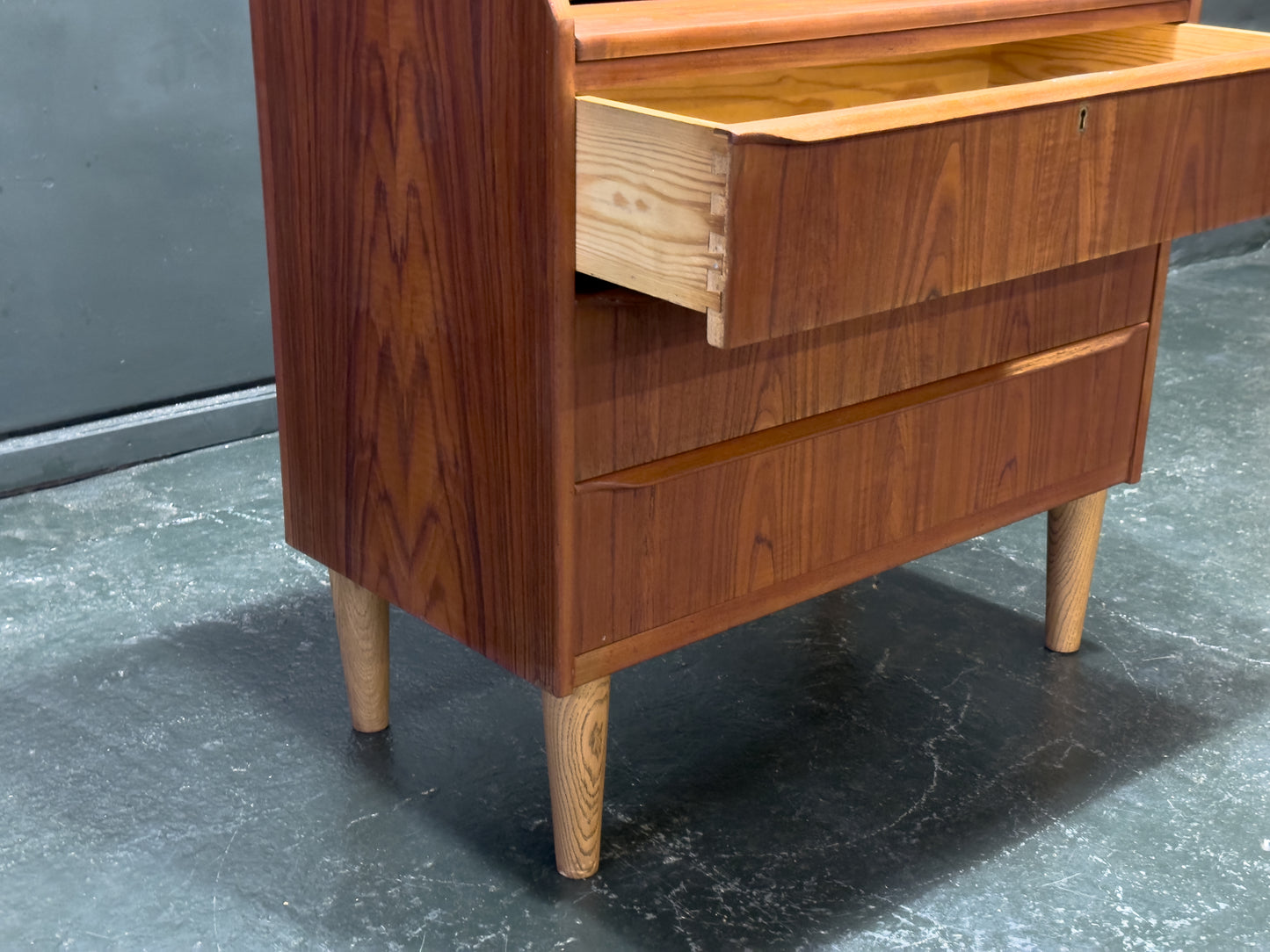 Teak Bureau with Drawers and Extending Desk
