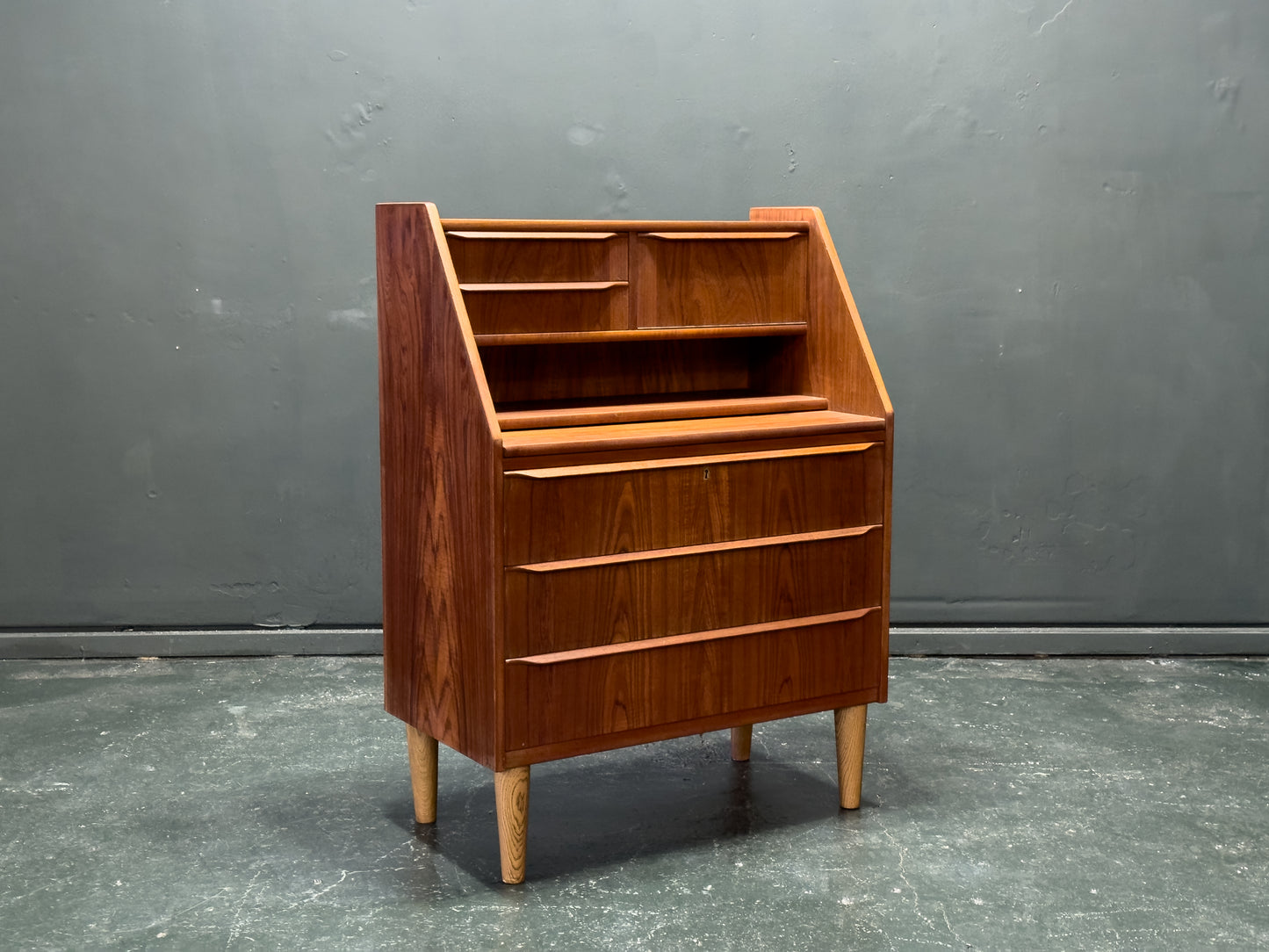 Teak Bureau with Drawers and Extending Desk
