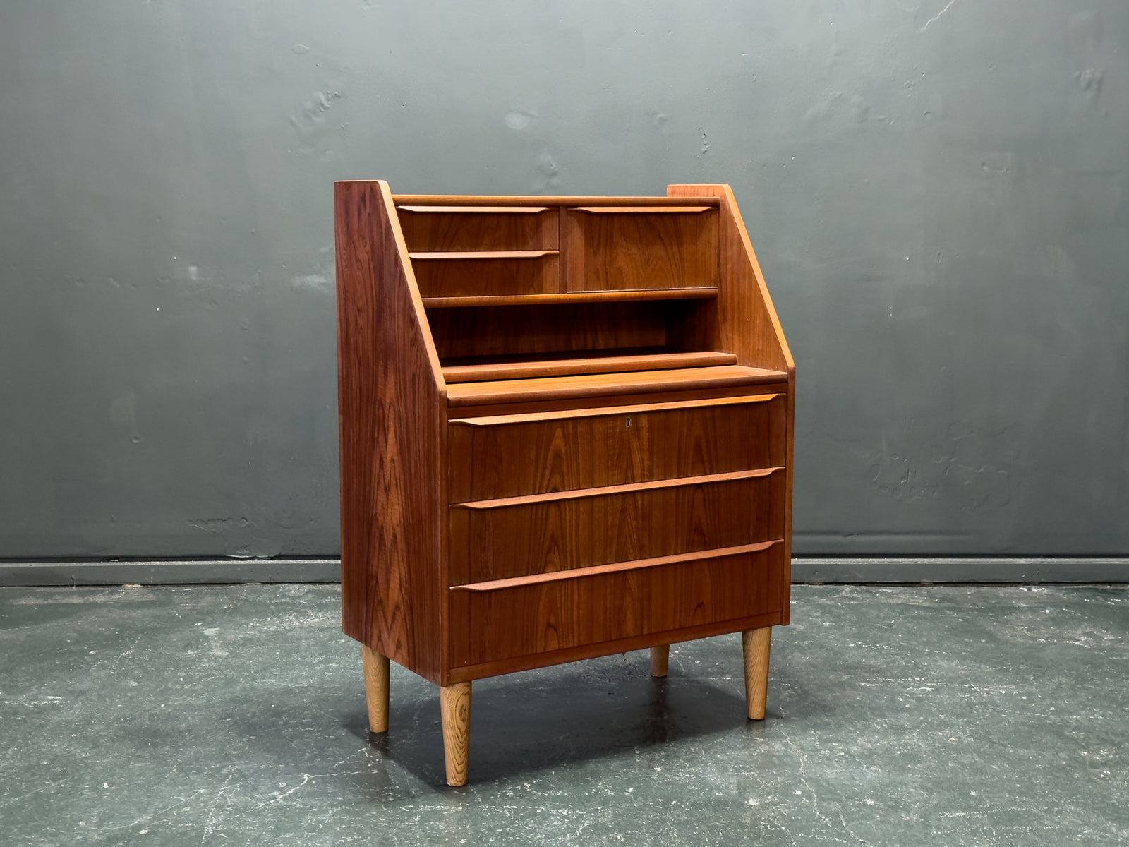 Teak Bureau with Drawers and Extending Desk