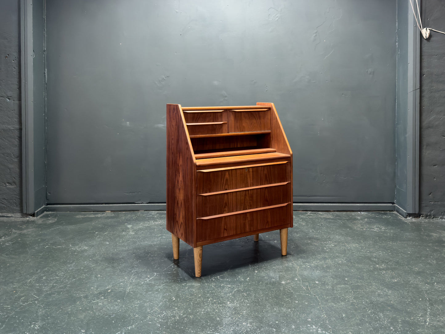 Teak Bureau with Drawers and Extending Desk