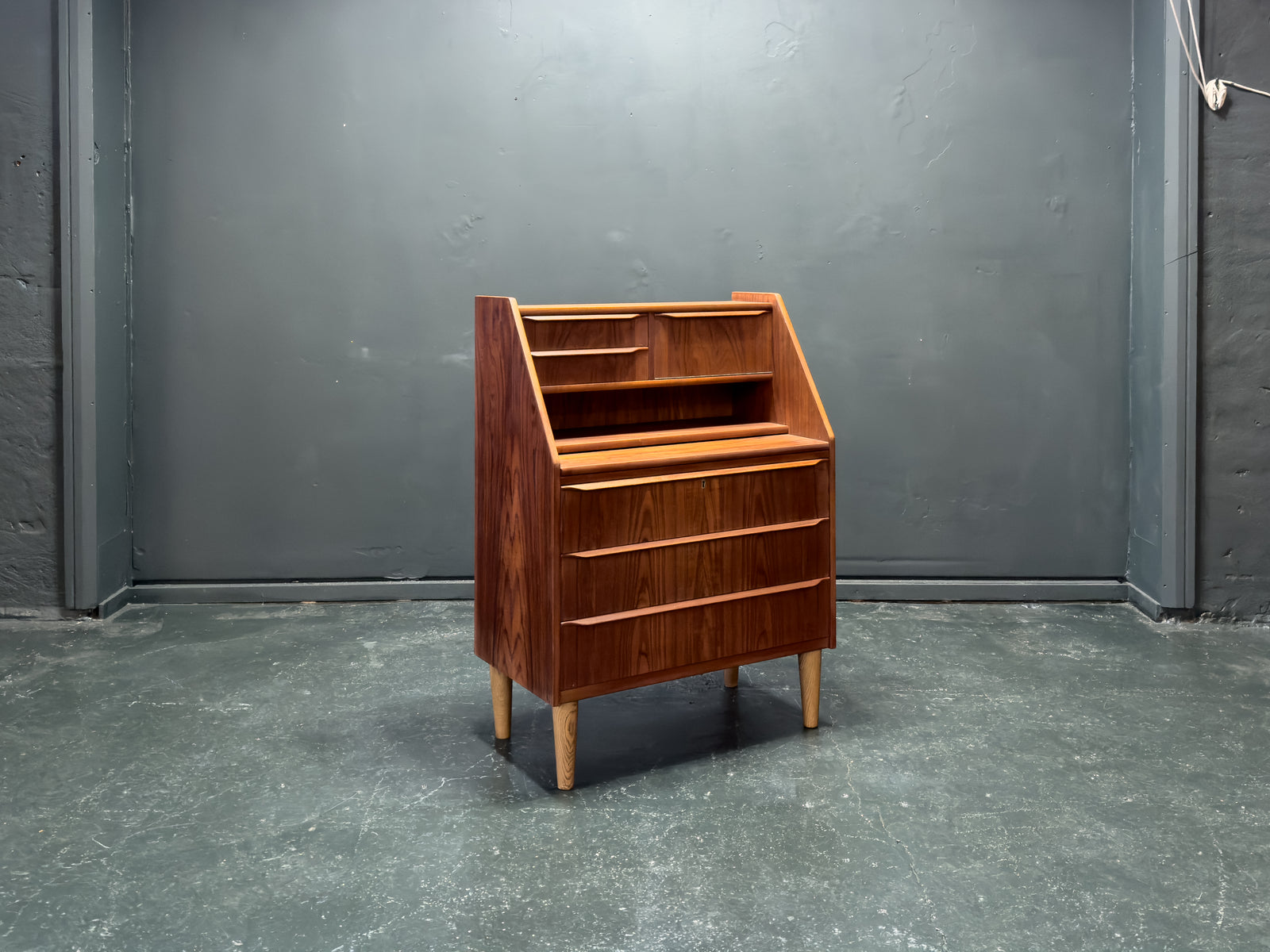 Teak Bureau with Drawers and Extending Desk