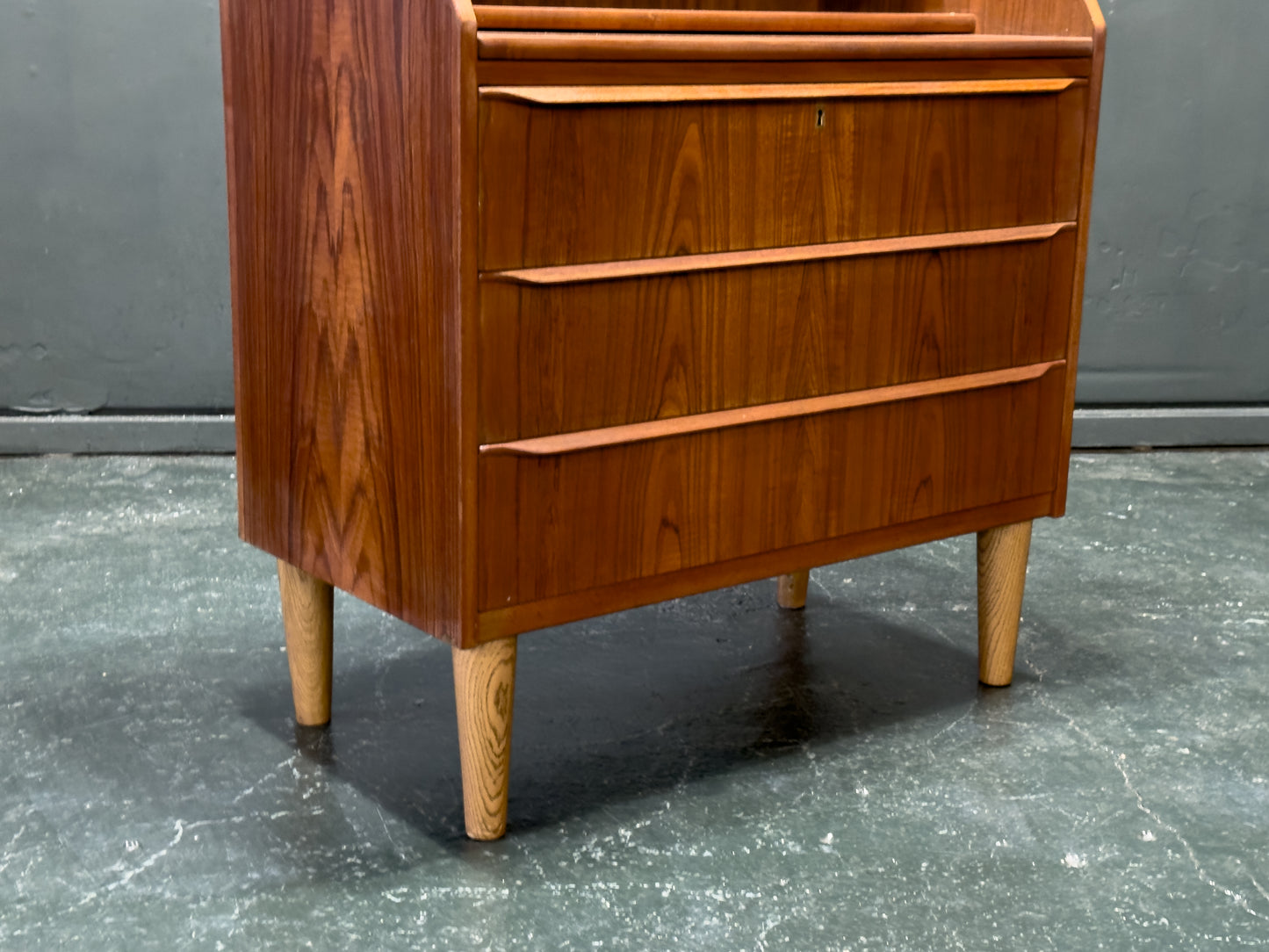 Teak Bureau with Drawers and Extending Desk
