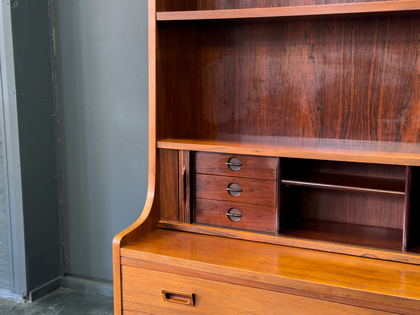 Rosewood Bureau with Tambour and Shelves by Johannes Sorth for Bornholm