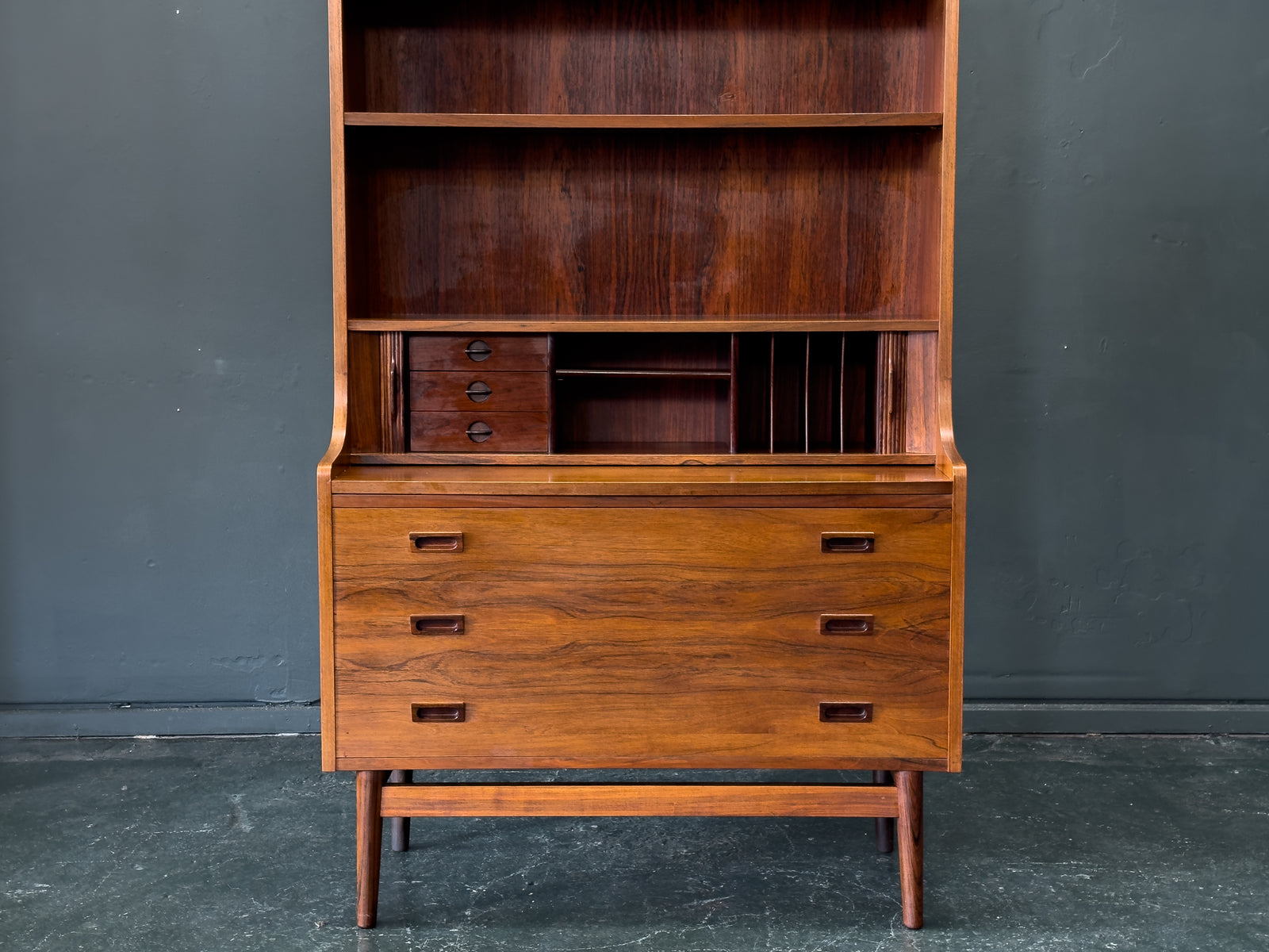 Rosewood Bureau with Tambour and Shelves by Johannes Sorth for Bornholm