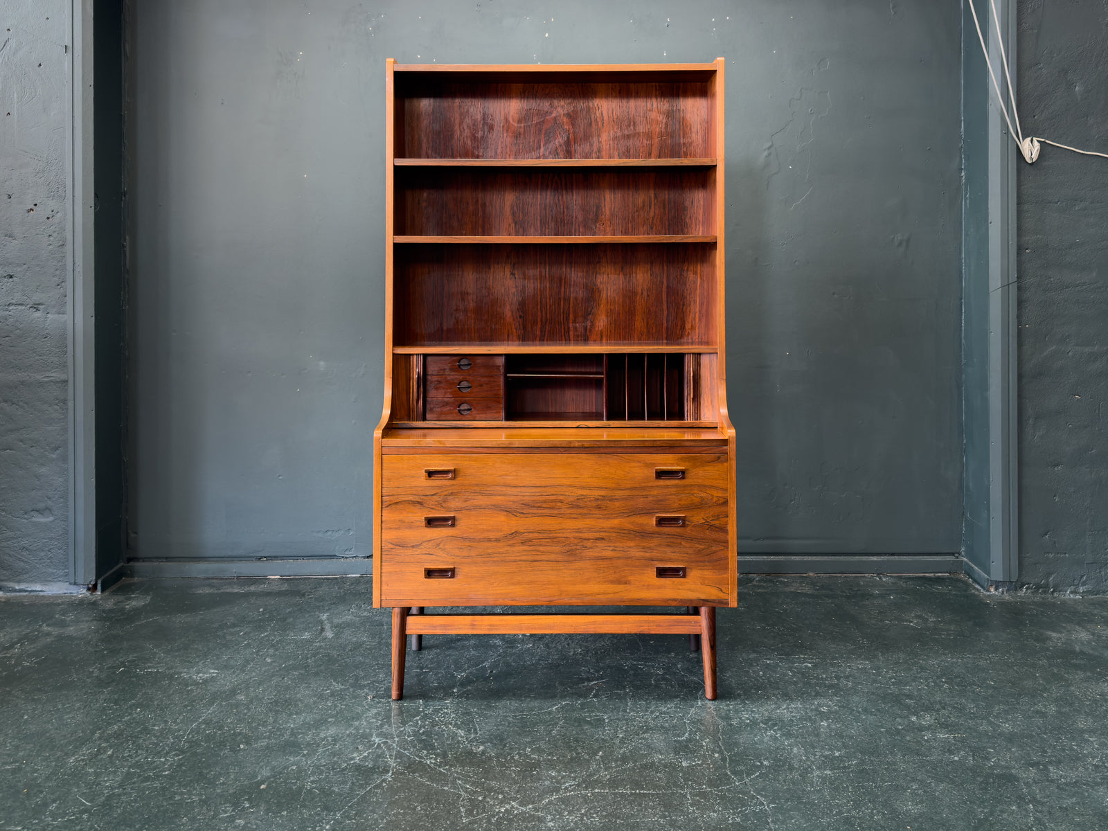 Rosewood Bureau with Tambour and Shelves by Johannes Sorth for Bornholm
