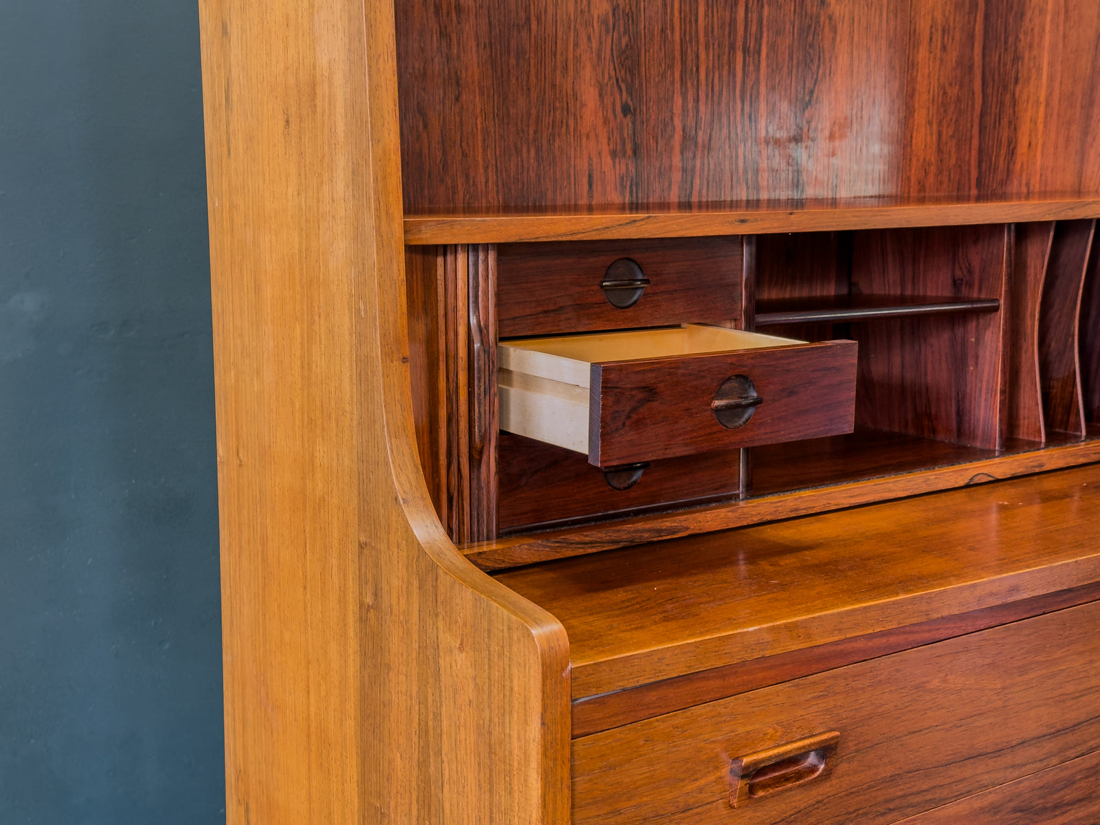 Rosewood Bureau with Tambour and Shelves by Johannes Sorth for Bornholm