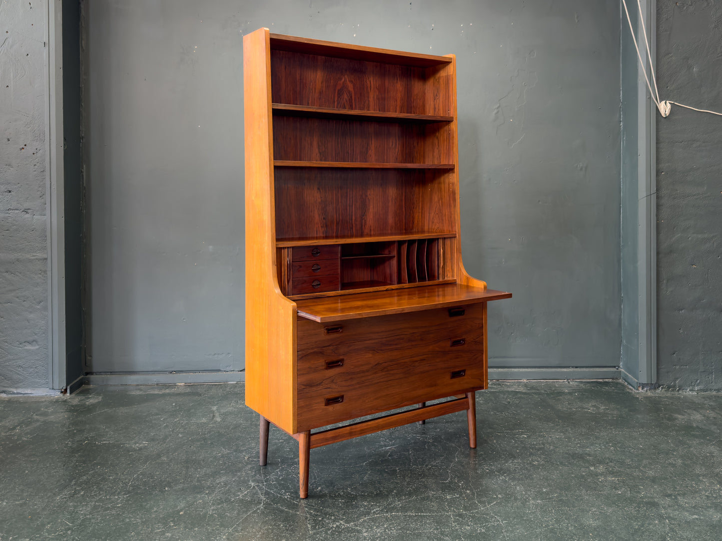 Rosewood Bureau with Tambour and Shelves by Johannes Sorth for Bornholm
