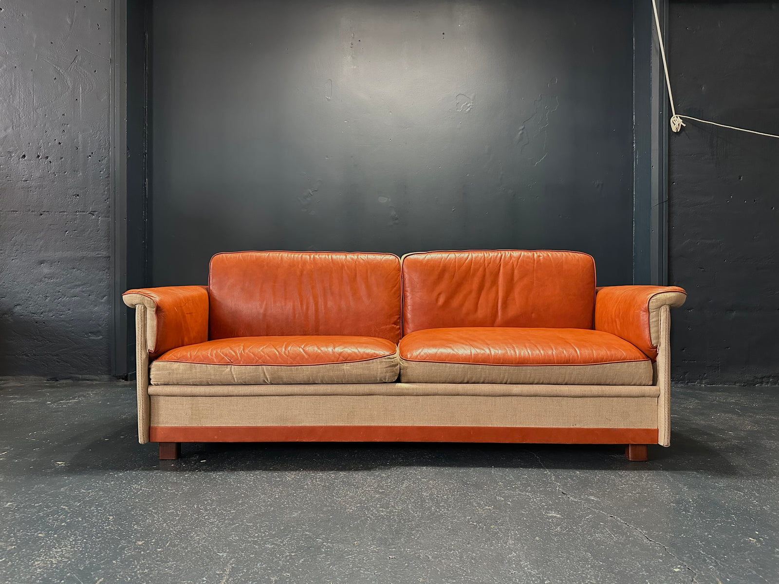 Tan Leather Sofa with Canvas Upholstery