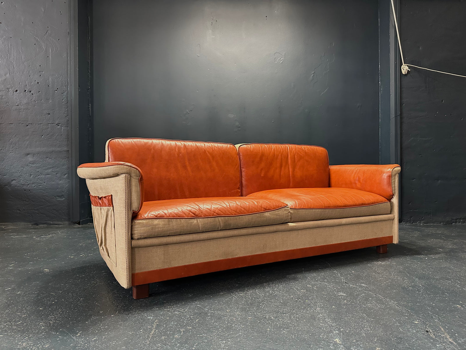 Tan Leather Sofa with Canvas Upholstery