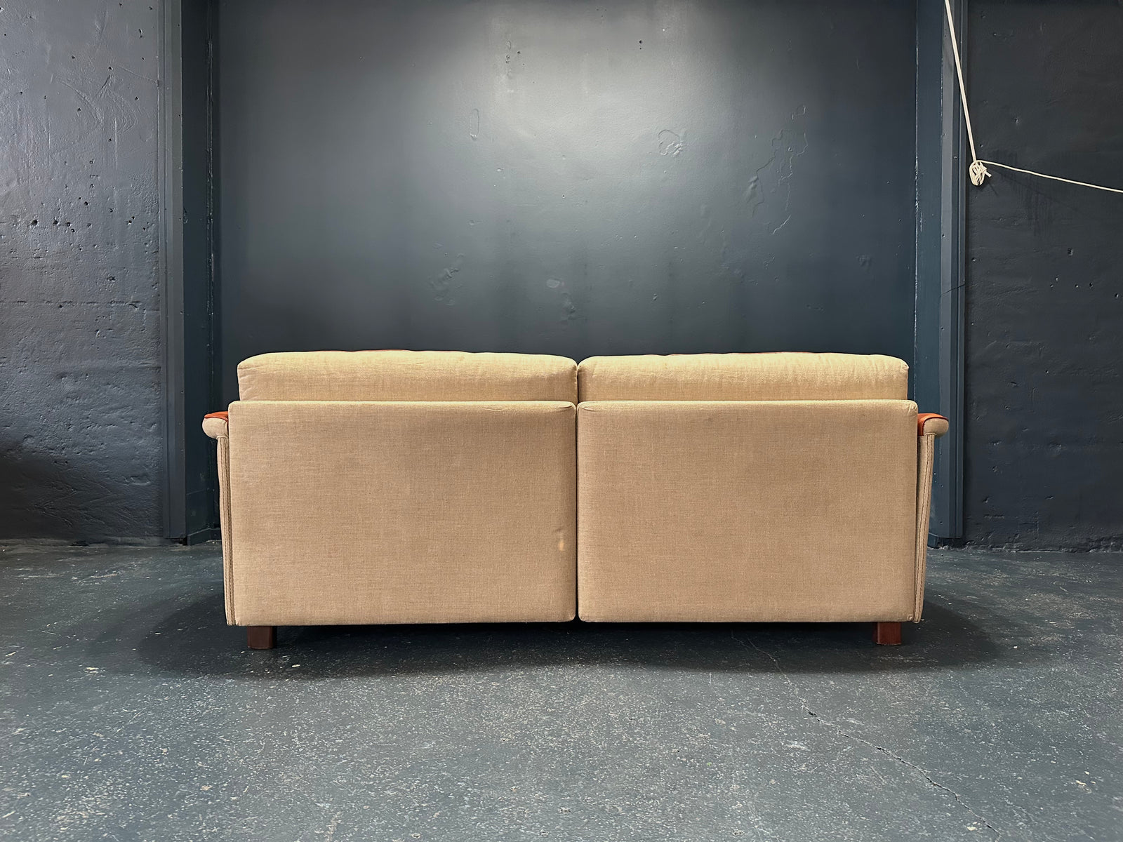 Tan Leather Sofa with Canvas Upholstery