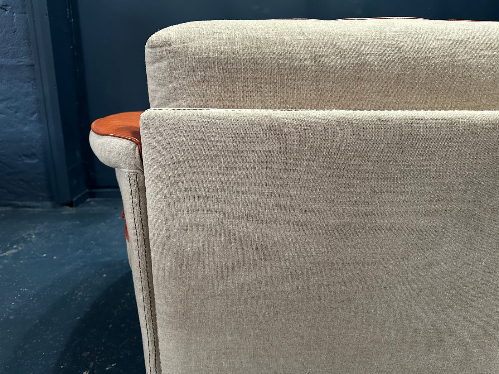 Tan Leather Sofa with Canvas Upholstery