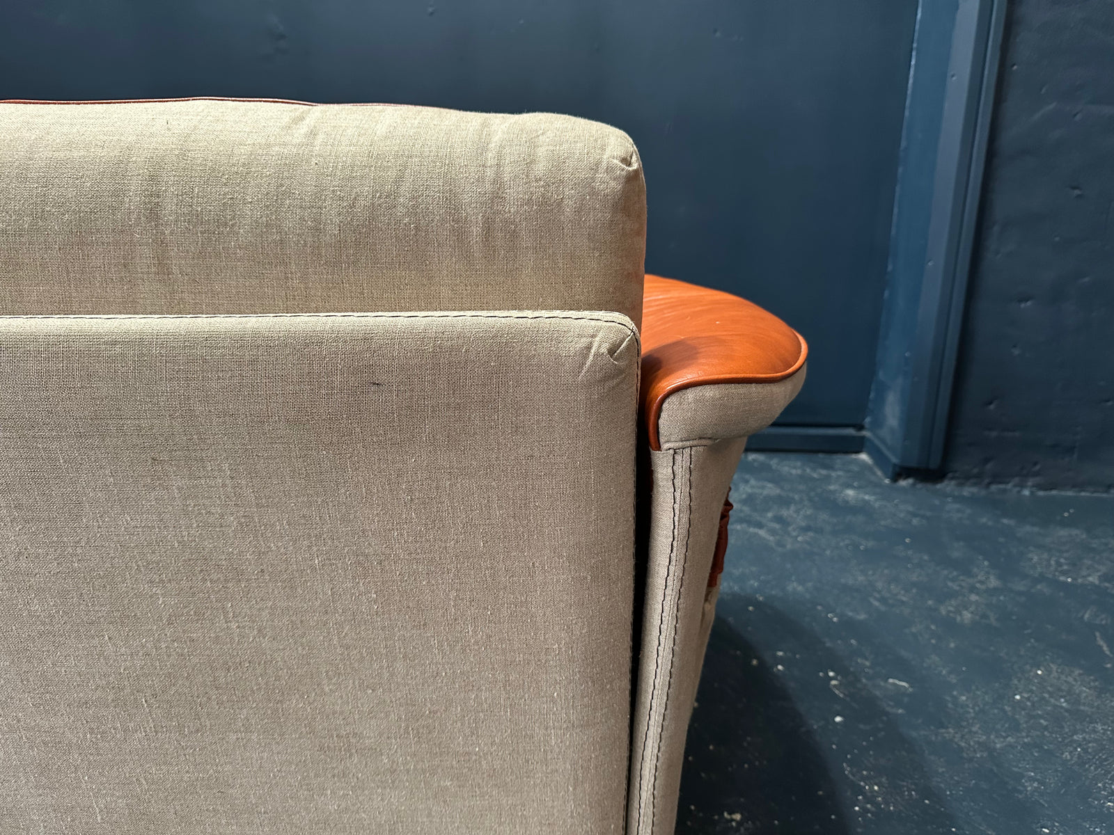 Tan Leather Sofa with Canvas Upholstery