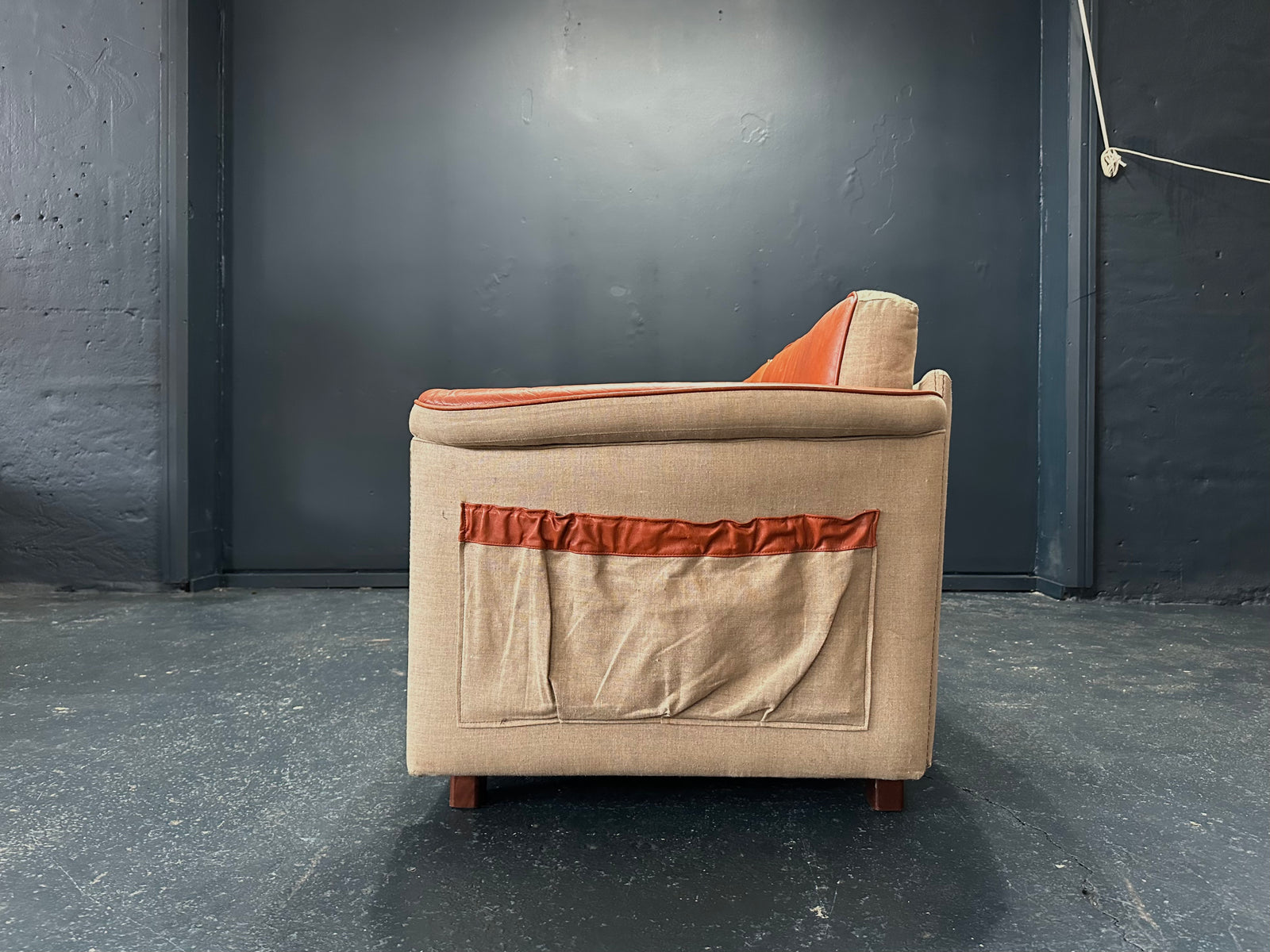 Tan Leather Sofa with Canvas Upholstery