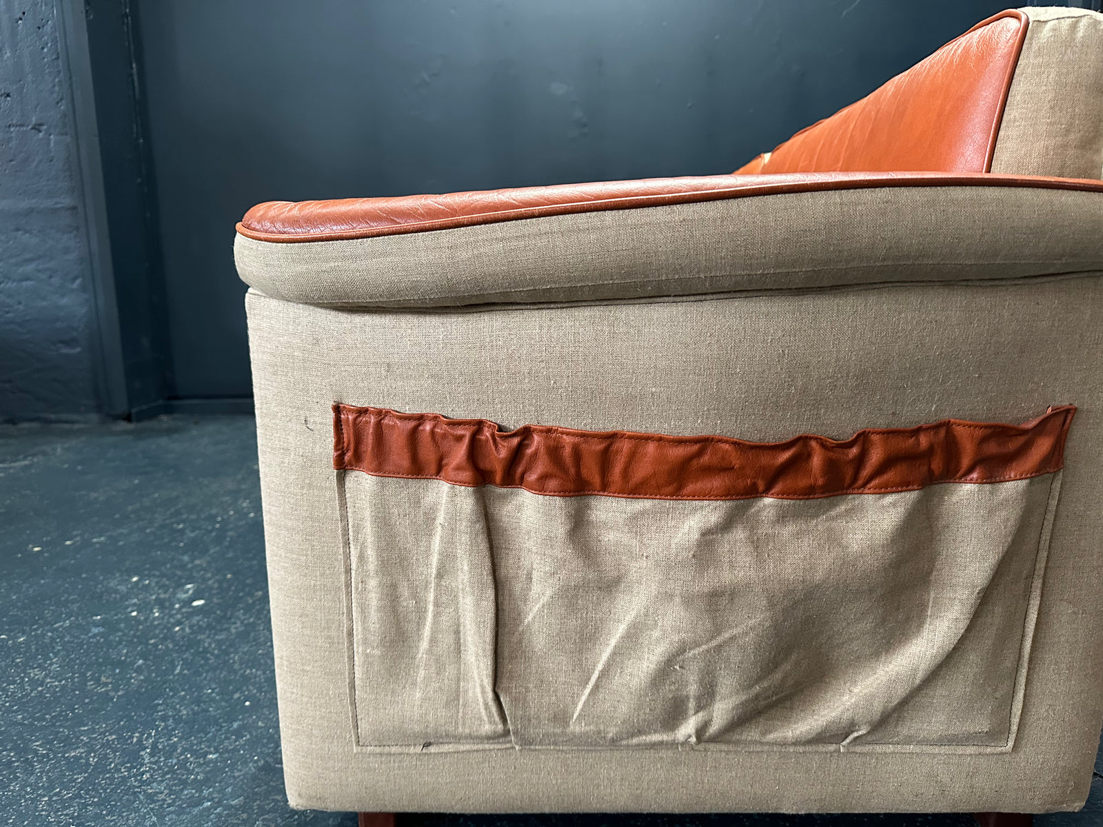 Tan Leather Sofa with Canvas Upholstery
