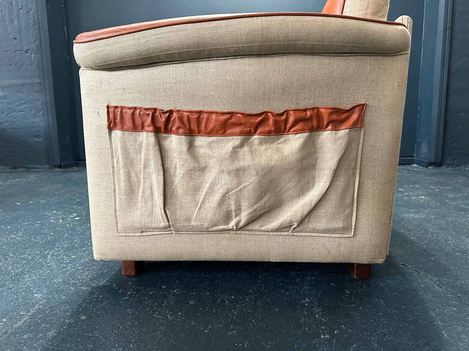 Tan Leather Sofa with Canvas Upholstery
