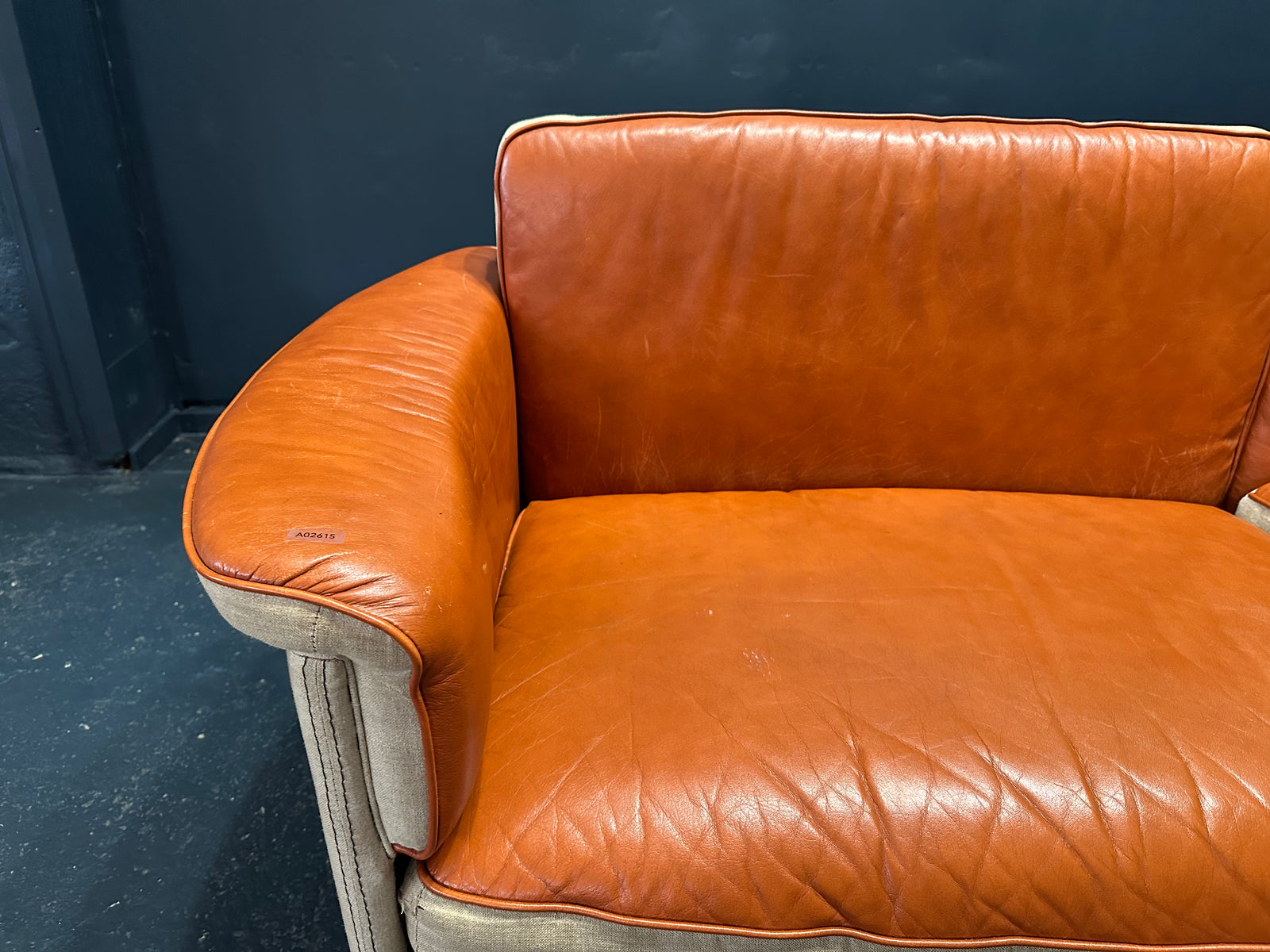 Tan Leather Sofa with Canvas Upholstery
