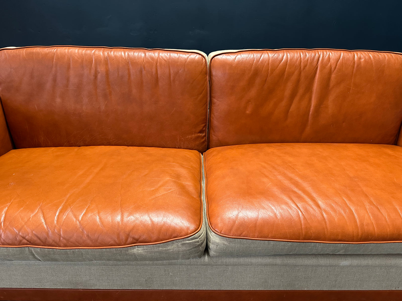 Tan Leather Sofa with Canvas Upholstery