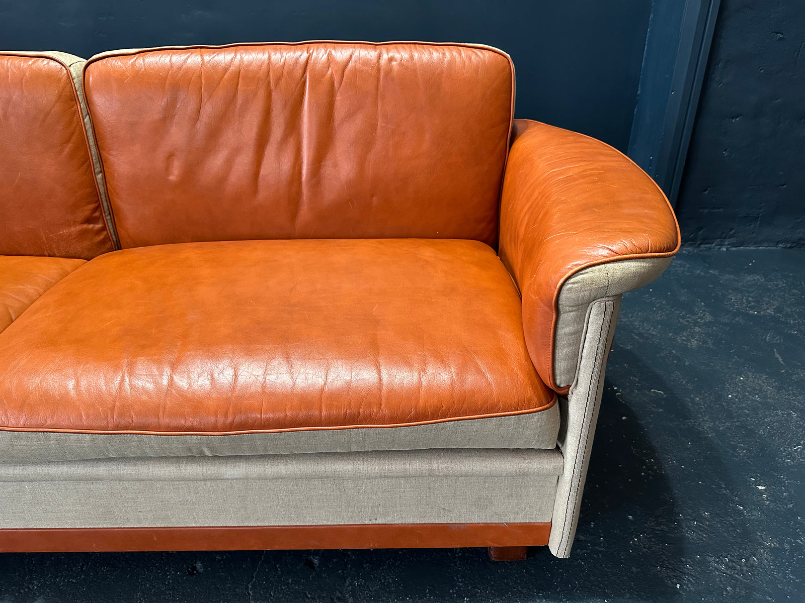 Tan Leather Sofa with Canvas Upholstery