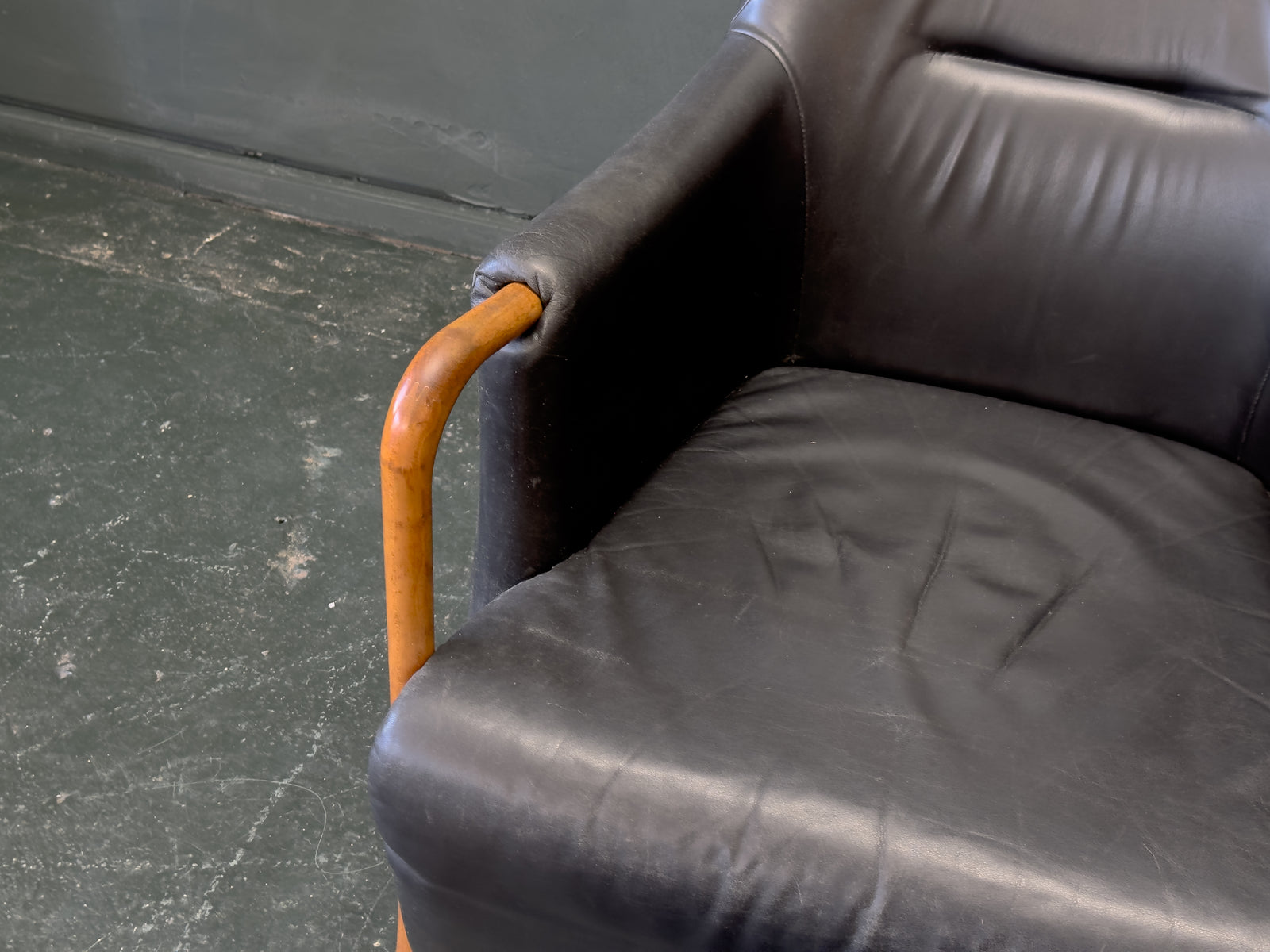 'Claudia' Black Leather and Beech Highback Armchair with Footstool by Stouby