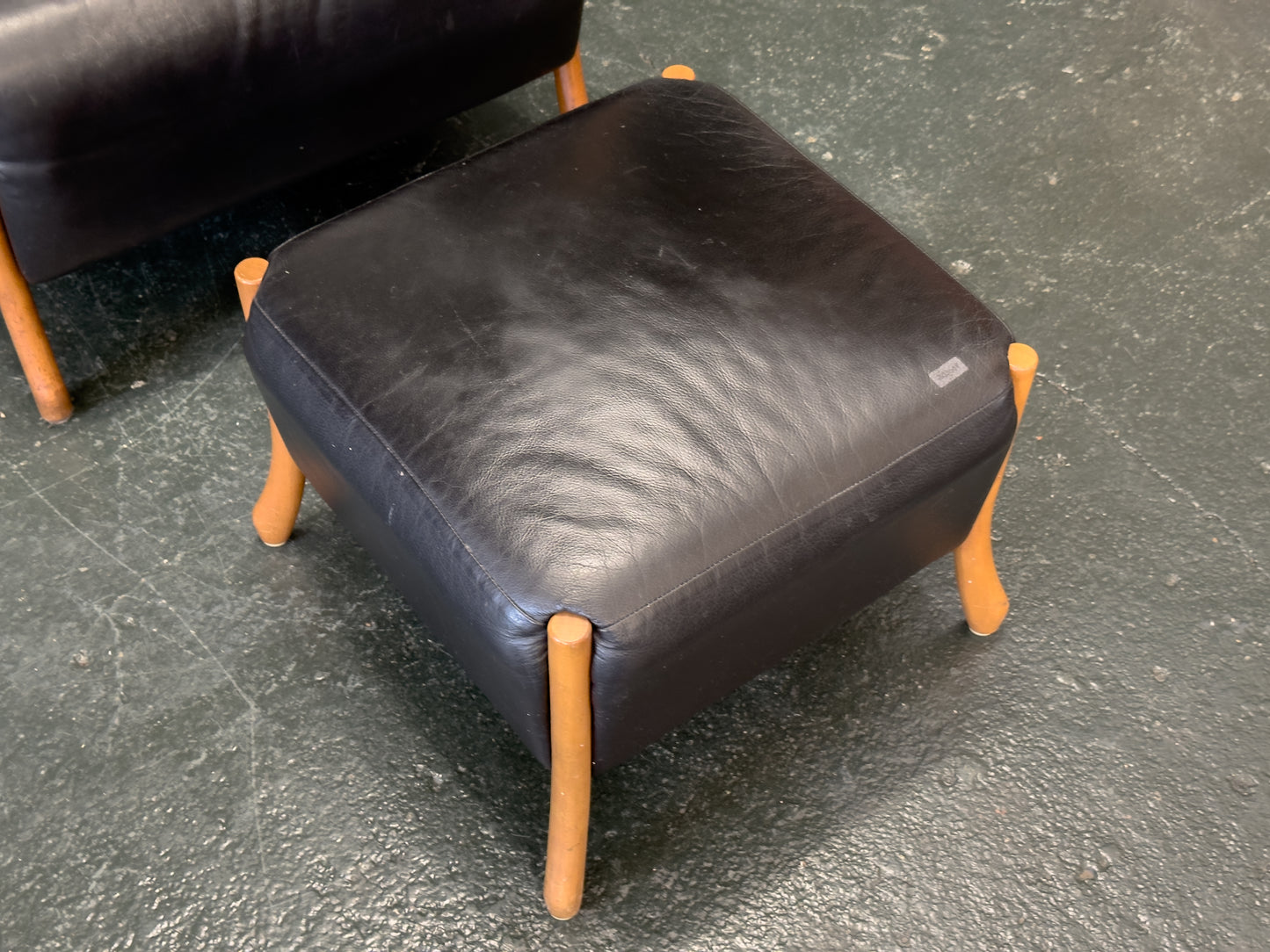 'Claudia' Black Leather and Beech Highback Armchair with Footstool by Stouby