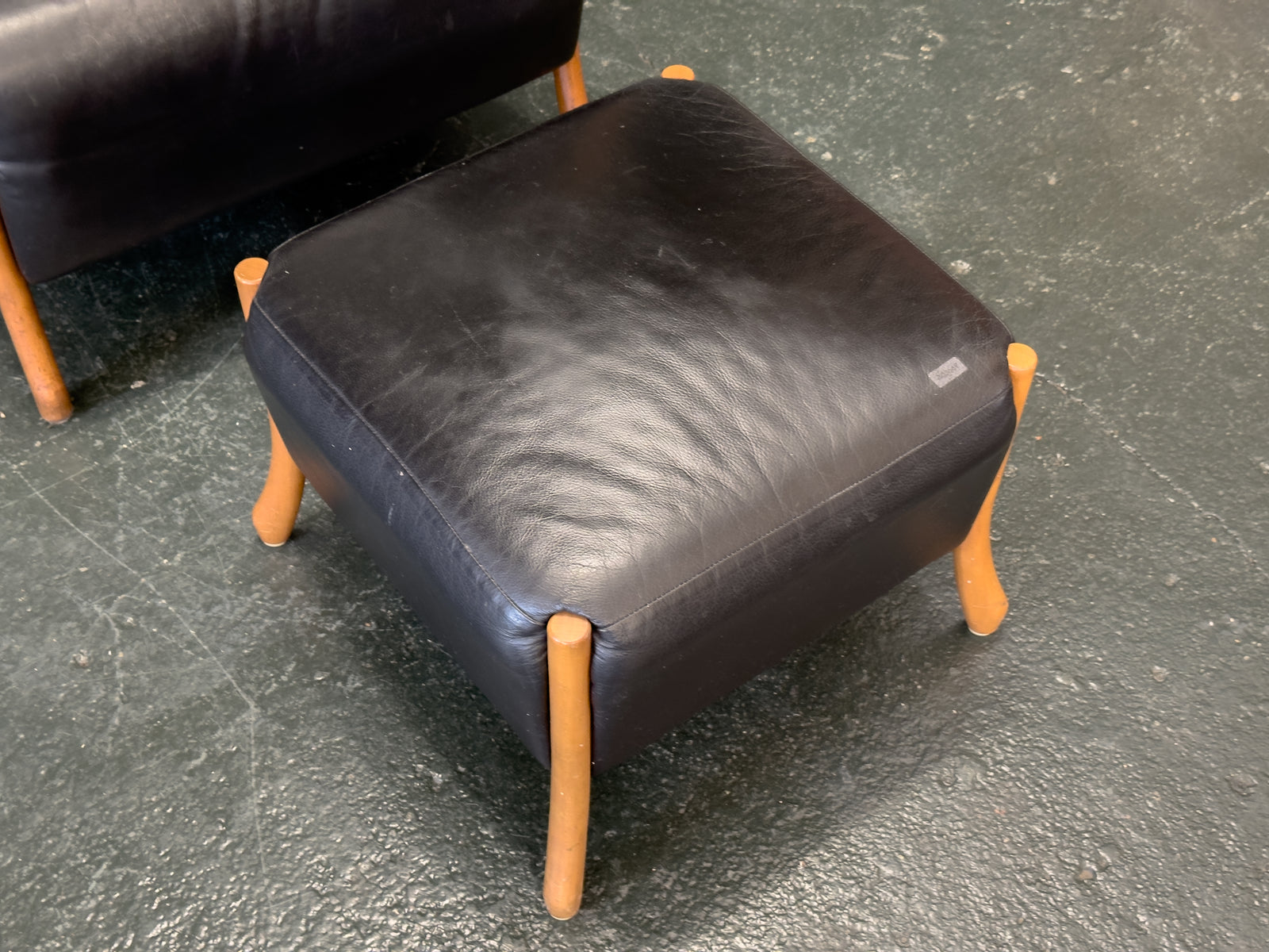 'Claudia' Black Leather and Beech Highback Armchair with Footstool by Stouby