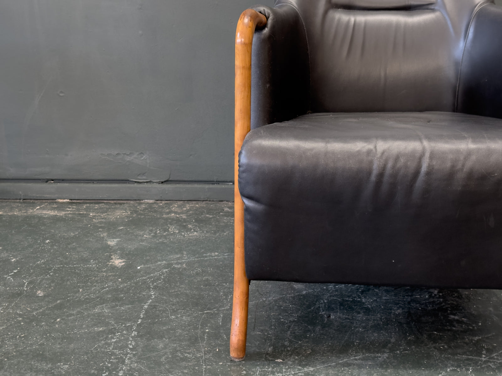 'Claudia' Black Leather and Beech Highback Armchair with Footstool by Stouby