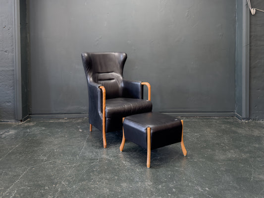 'Claudia' Black Leather and Beech Highback Armchair with Footstool by Stouby