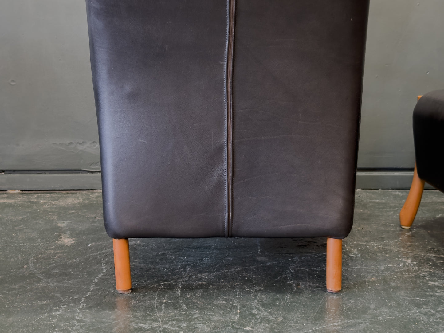 'Claudia' Black Leather and Beech Highback Armchair with Footstool by Stouby