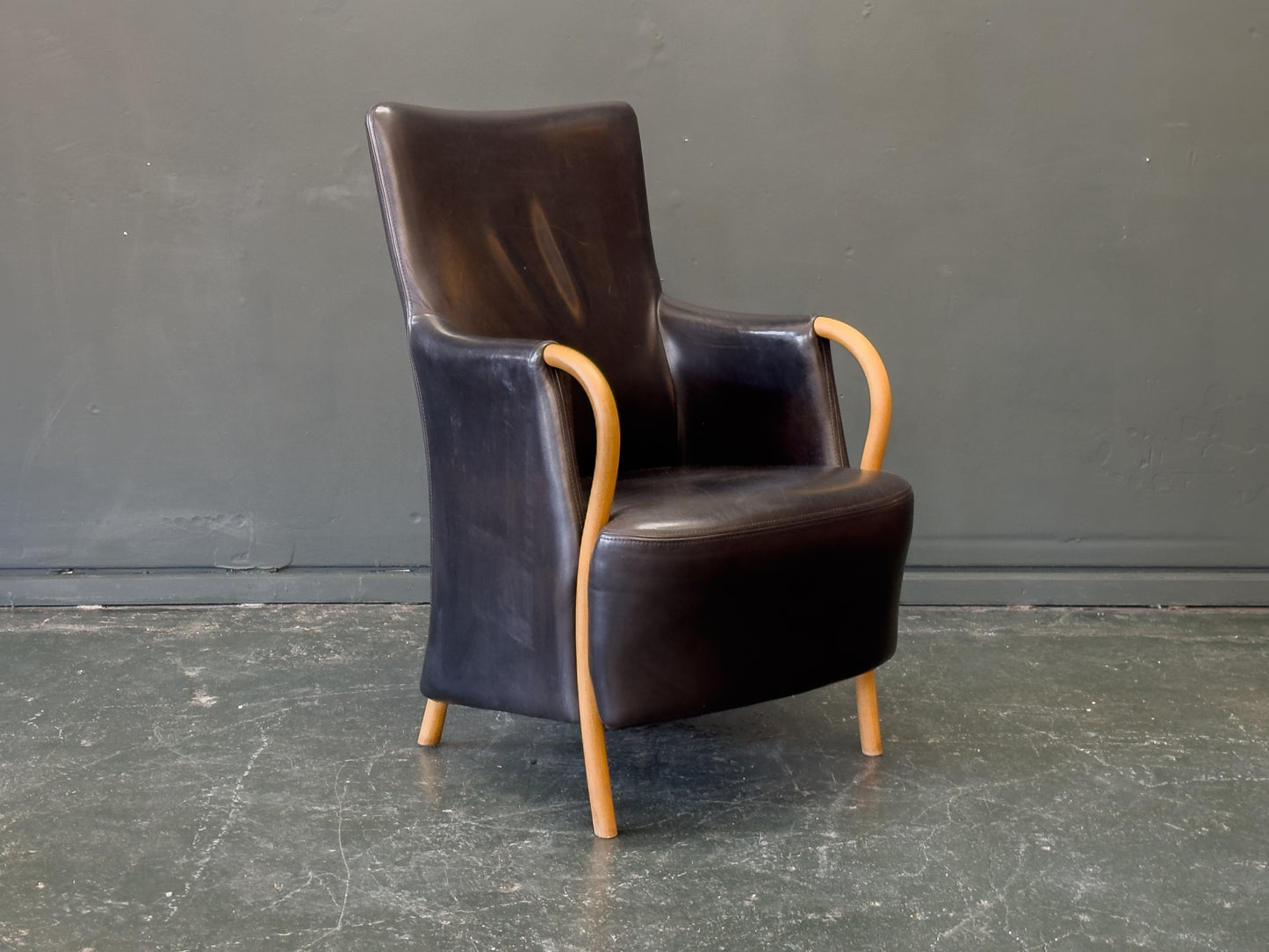 Stouby Black Leather and Birch Armchair