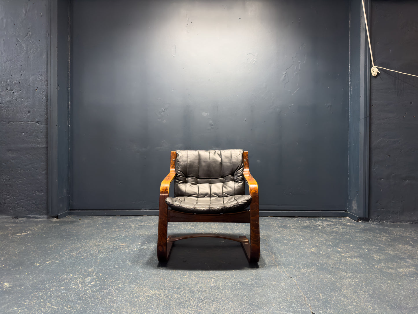 Black Leather and Beech Armchair