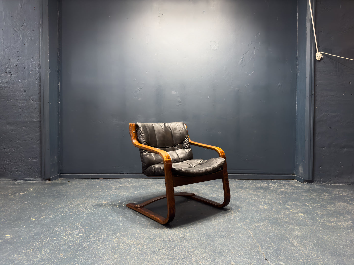 Black Leather and Beech Armchair